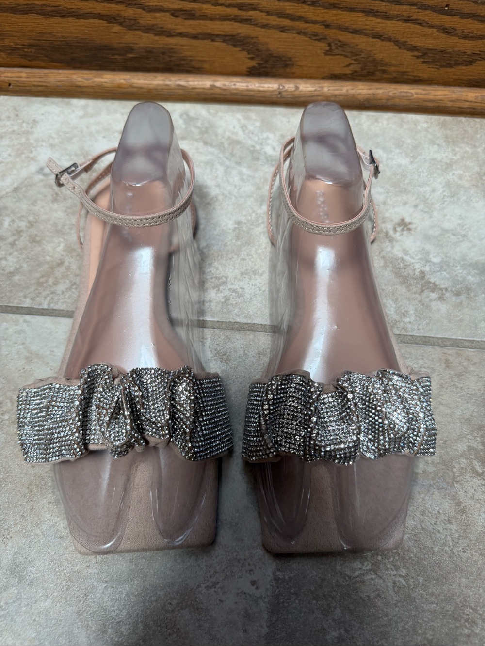 BAMBOO Beige Ankle-Strap Flat Sandals with Rhinestone Ruching Detail, Size 8.5
